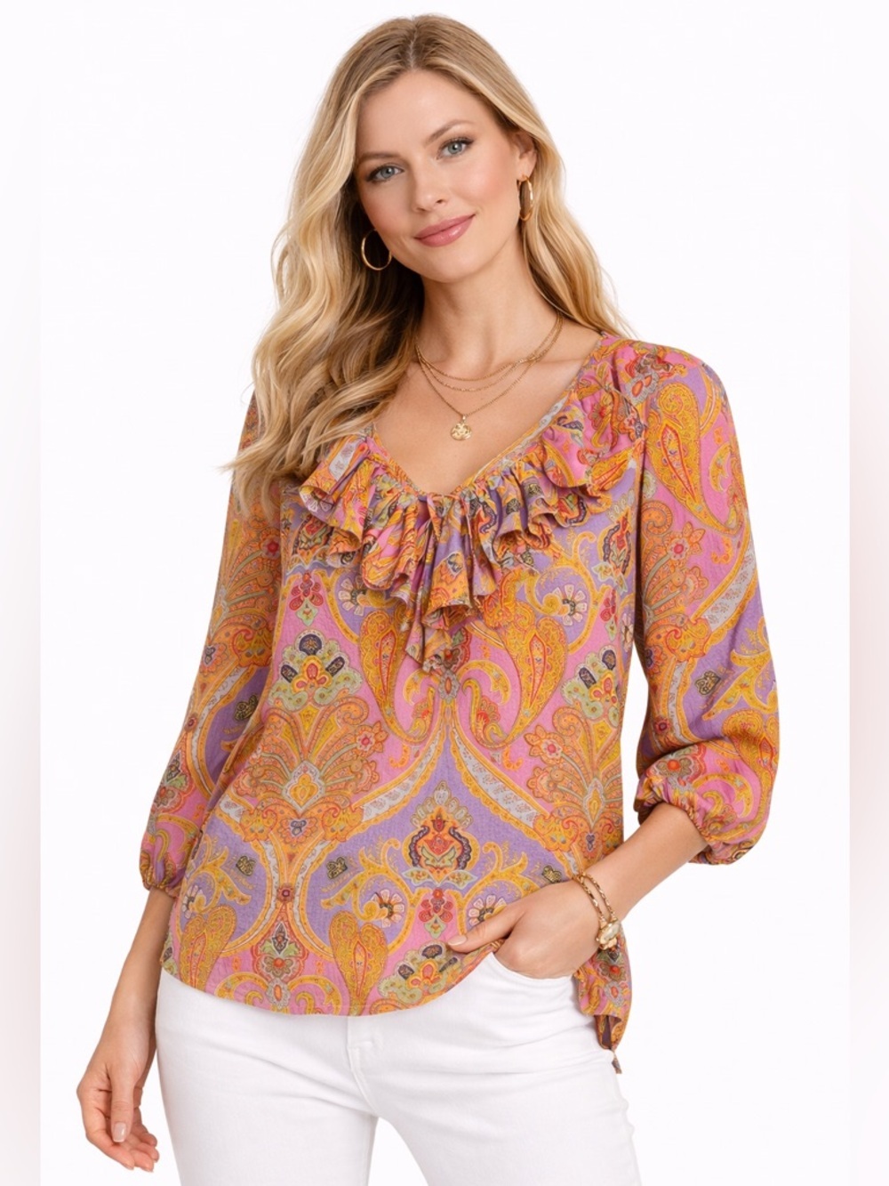 Lauren Ralph Lauren Paisley Ruffle Neck Blouse Womens Sz Large Cotton Casual